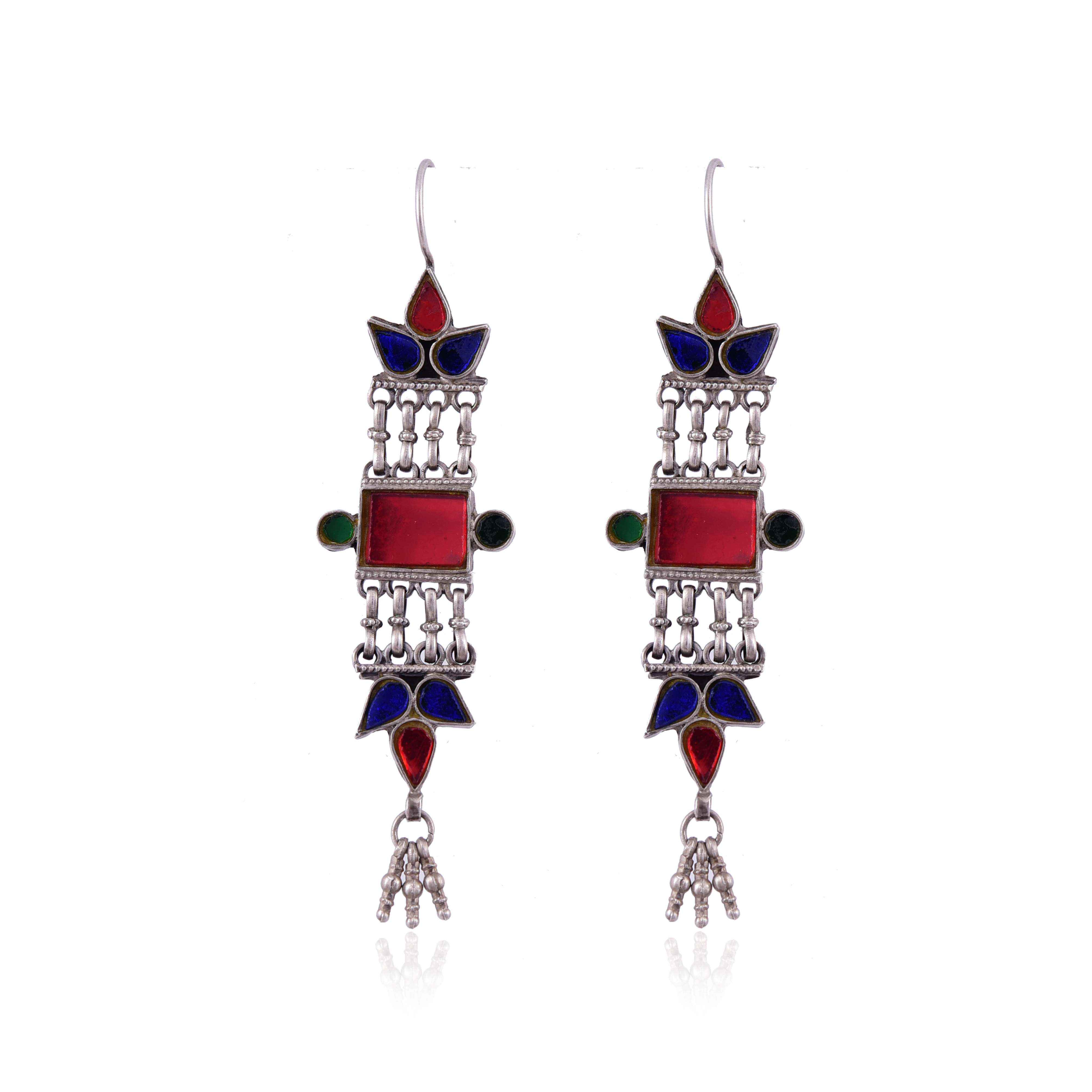 Silver oxidised Multi Glass Stone  Earring ;SKU5830